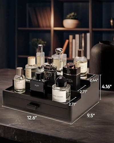 BRITEREE Cologne Organizer for Men, 3 Tier Wooden Cologne Stand with Drawer Storage and Hidden Compartment, Perfume Display Holder for Dresser, Great Gifts for Men and Women Valentine, Black thumbnail 3