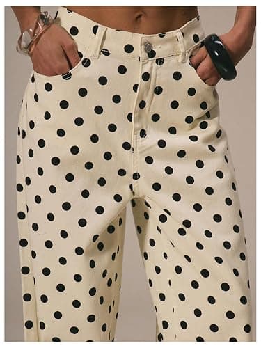 MakeMeChic Women's Polka Dots Loose Fit Pants Wide Leg Baggy Fall Jeans | Jeans for Women, Mid Waist Denim, Pants with Pocket, Fall Clothes, Y2k, Straight Leg, Trendy Clothes, Vintage Jean thumbnail 4