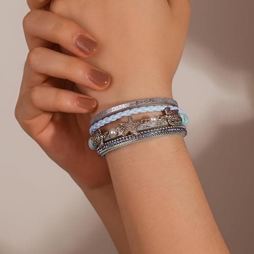 FANCY SHINY Turtle Starfish Leather Wrap Bracelet Boho Rhinestone Pearl Cuff Bracelet with Magnetic Clasp for Women thumbnail 2