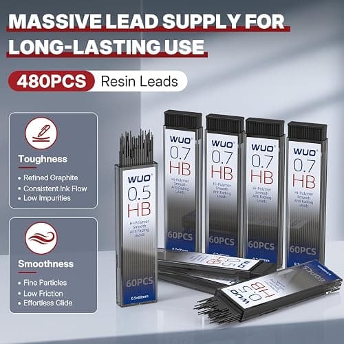 WUO 0.5&0.7mm Mechanical Pencil Set with Eraser Pen, 8PCS Metal Mechanical Pencils, 480 HB Lead Refills, 3PCS 4B Erasers, 10PCS Eraser Refills for Writing, Drafting, Drawing & Sketching thumbnail 5