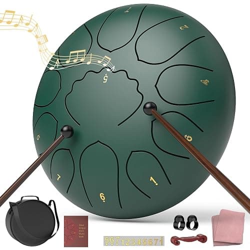 Rain Drum for Outside Garden, 8 Inches 11 Notes Steel Tongue Drum, Waterproof Meditation Rain Chime, Musical Instruments for Adult Gift with Bag, Music Book, Mallets (Green) - Image 1