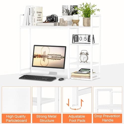 Snughome Desk Shelf, 38.6" Desktop Organizer Shelf, Desk Hutch for Computer Monitor, 4 Tier Desk Display Rack, Wood Desktop Bookshelf Storage Rack for Home Office Dorm, White thumbnail 8
