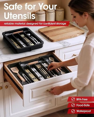 Aujen Silverware Organizer - Expandable Kitchen Drawer Organizer, Adjustable Utensil Organizer, Cutlery Tray for Forks, Knives, Multipurpose Kitchen Organizers and Storage Solution, Black, Medium thumbnail 3