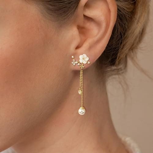 Dangle Pearl Drop Earrings Christmas Gifts For Women Trendy Long Threader Chain Dainty Flower Wedding Earrings For Brides CZ Cute 14K Gold Statement Sparkly Jewelry thumbnail 5