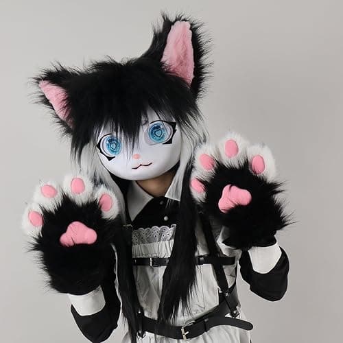 COSYEARS Cat Paw Mittens Gloves Furry Shoes Fursuit Animal Head Mask Halloween Masquerade Costume Accessories Set thumbnail 2