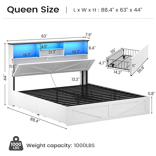 AOGLLATI Farmhouse Queen Bed Frame with 4 Storage Drawers and Led Lights, Wooden Bed Frame Queen Size with Hidden Space Bookcase Headboard and Led Lights & Metal Slats, White thumbnail 3