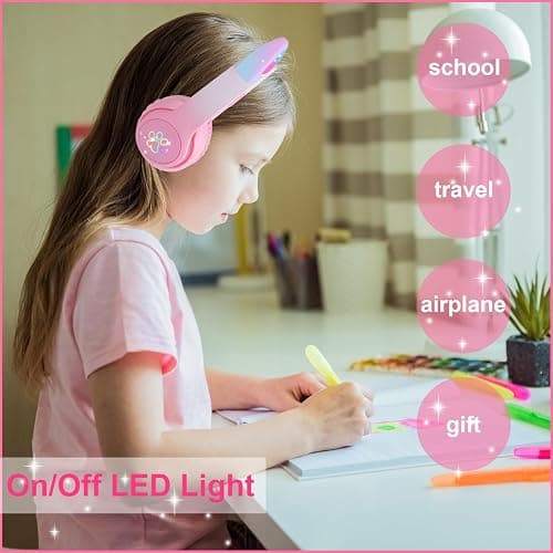 HOYJACY Cat Ear Kids Bluetooth Headphones for Girls Children Teens, LED Light Up Wireless/Wired Mode Foldable Stereo Girls Headphones with Built-in Mic for School Birthday Xmas Gift (Pink) thumbnail 2