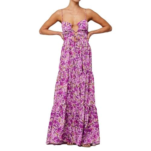 ABYOVRT Women Floral Maxi Dress Tie Front Cut Out Backless Boho Spaghetti Strap Summer Beach Sundress - Image 1