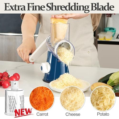 Cambom Rotary Cheese Grater Hand Crank Cheese Shredder for Fresh Cheese, Vegetable, Nuts, Non-slip Suction Base,Five Blades, Deep Blue thumbnail 3
