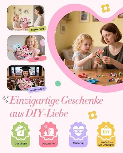 Pfeifenreiniger Blumen Set, 500 Stück Pfeifenputzer zum Basteln Blumen, Kinder Basteln Geschenk Mädchen 6 7 8 9 10 12+ Jahr und Erwachsene, zum Geburtstag Weihnachtsdeko thumbnail 6