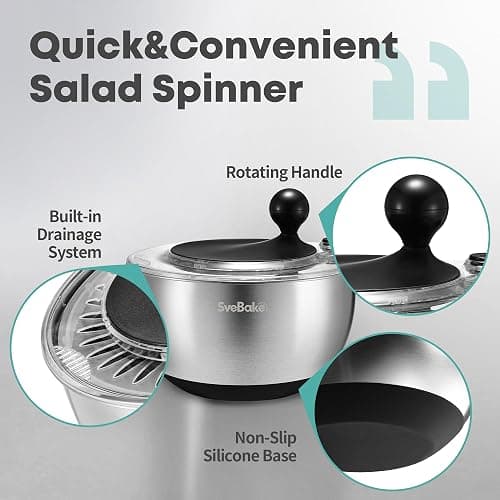SveBake 5.3Qt Stainless Steel Salad Spinner with Stop Button, BPA-Free Vegetable Lettuce Spinner, Transparent Lid & Drainage Hole, Non-Slip Base, Dishwasher Safe Fruit Washer thumbnail 4