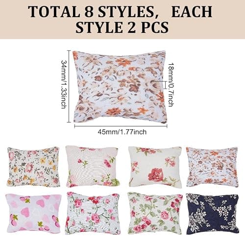 arricraft 16pcs Miniature Sofa Pillow for Tiny House, 8 Styles Flower Pattern 1:12 Scale Mini Couch Pillow Models Sofa Bed Accessories Decoration, 1.34 x 1.77 x 0.7 Inch thumbnail 3