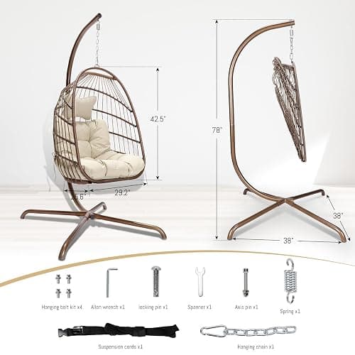 BULEXYARD Hanging Egg Swing Chair with Stand Indoor Outdoor 350lbs Capacity, Brown Wicker Hammock Egg Basket Chair with Beige Thickened Cushion for Bedroom Balcony Garden Porch Patio thumbnail 2
