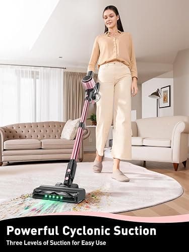 VICEASE Cordless Vacuum Cleaner, 8 in 1 Powerful Suction Lightweight Vacuum Cleaner for Home, LED Display, 3 Suction Modes, 45Mins Detachable Battery Vacuum for Hard Floor Carpet Pet Hair, Pink thumbnail 2