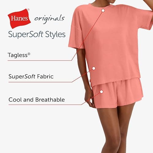 Hanes womens Originals 2 Piece Lounge Set, Comfywear Supersoft Boxy T-shirt & Sleep Shorts Loungewear Set thumbnail 3
