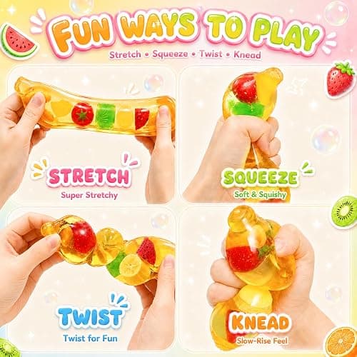 Clear Banana Squishy Toy with Colorful Fruit, Squeeze Stress Relief Toy | Slow Rising Banana Fidget Toys, Soft Anxiety Relief Sensory Toys, Realistic Fruit Shape Squeeze Toys, Birthday Party Favors thumbnail 6