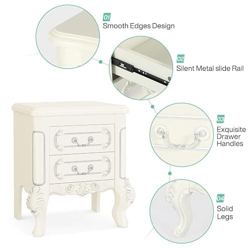 Tribesigns White Nightstand, End Table with 2 Drawers, Carved Bedside Tables, Side Table for Bedroom, Classic Bedroom Furniture, Night Stand White thumbnail 6