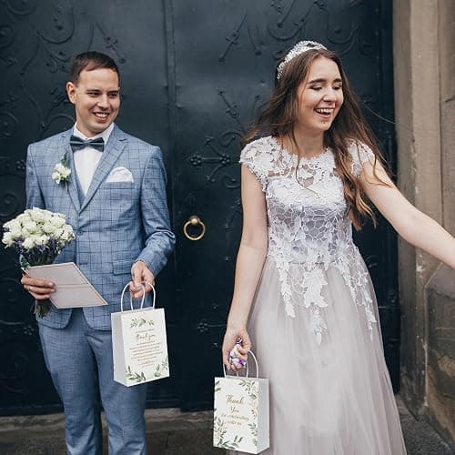Fuutreo 100 Set Wedding Gift Bags with Tissue Paper Wedding Welcome Favor Paper Bags for Guests with Handles Thank You Bridal Shower Hotel 21 * 8 * 15cm(Eucalyptus Leaves) thumbnail 7