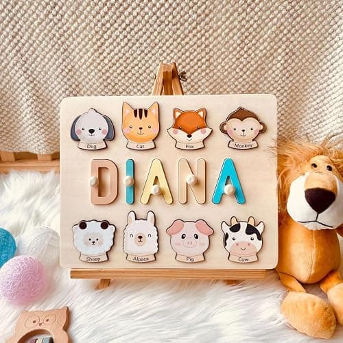 AZUFEMOS Personalized Name Puzzle for Kids, Personalized Baby Gifts Custom Name Puzzles for Toddlers 1-3 Animal Puzzle, Customized 1st Birthday for Girls & Boys Wooden Puzzle Montessor Toys for Kids - Animal Name Puzzle thumbnail 9