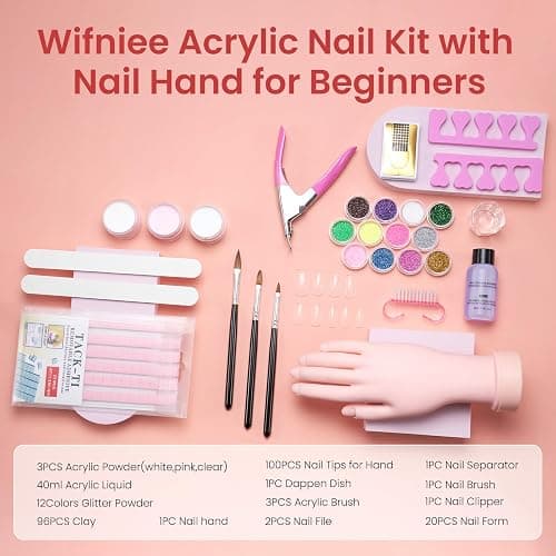 Practice Hand for Acrylic Nails with Acrylic Nail Powder Kits for Beginners | Fake Nail Hand with 3Colors Acrylic Powder, 12Colors Glitter, 100PCS Tips, Monomer for Nail Extensions Practice thumbnail 2