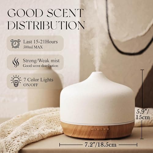 Porseme 500ml Essential Oil Diffuser Aromatherapy Ultrasonic Cool Mist Humidifier 15-21 Running Hours Waterless Auto-Off Air Diffusers for Sleeping Yoga Working Spa(White Ceramic) thumbnail 2