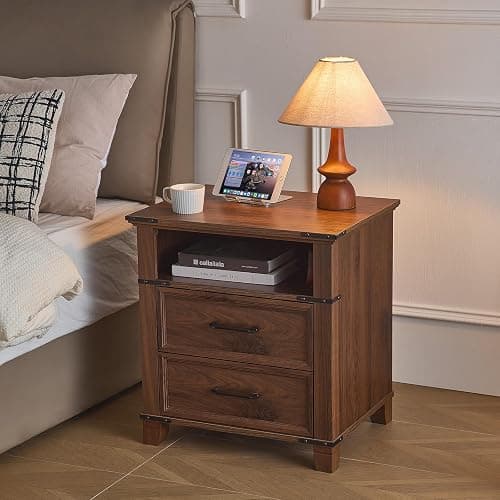 Senfarime 22" Nightstand, 2PCS Farmhouse Nightstand with 2 Drawers,Industrial Bedside Table with Open Shelf for Bedroom Living Room,Office Bed Side Tables Couch End Table,Brown thumbnail 7