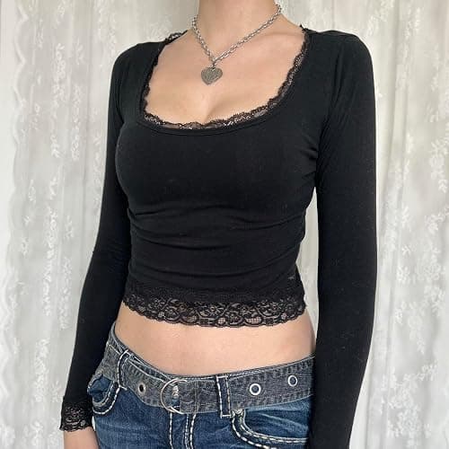 Women Y2k Retro Long Sleeve Shirt Top Slim Fit Lace Trim T-Shirt Harajuku Fairy Aesthetic Tee Tops Streetwear thumbnail 3