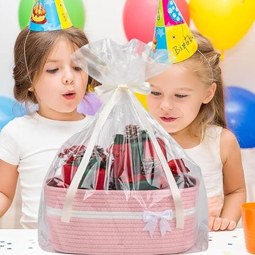 OIAHOMY Large Woven Storage Basket with Handles for Nursery Living Room Shelves, Bow Basket for Gifts Empty with Gift Bags and Ribbons for Baby Showers Pet Toy Bin - Pink thumbnail 2