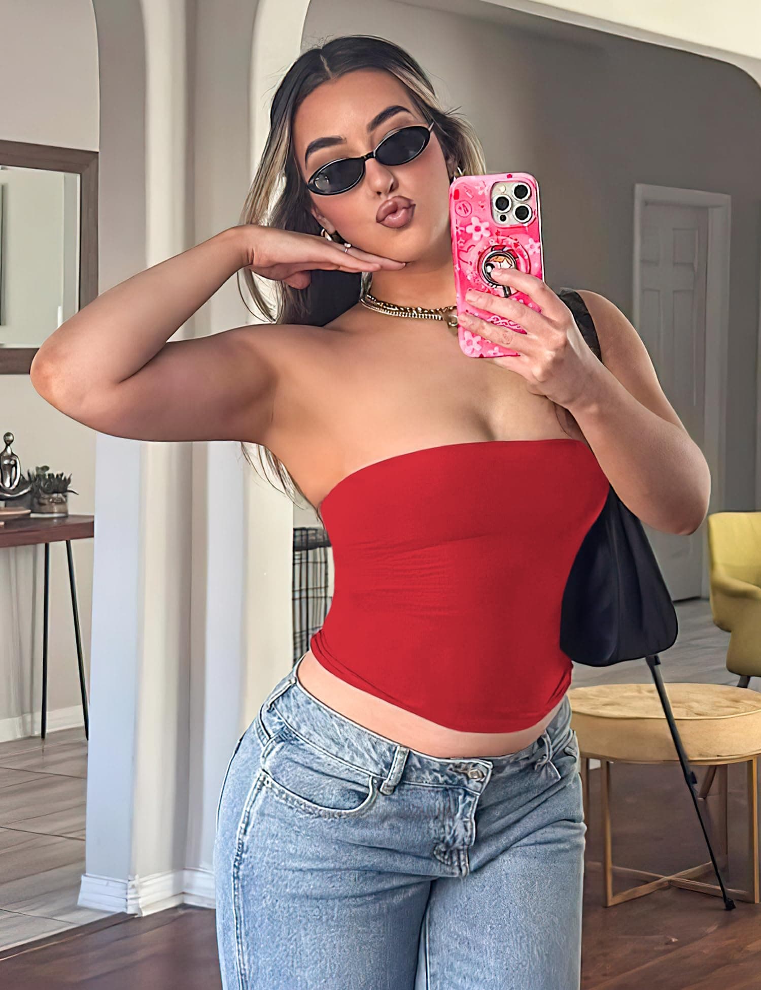 YEOREO Sophie Women Sexy Long Tube Tops Double Lined Basic Y2K Summer Cute Strapless Fitted Bandeau Going Out Crop Top Red M thumbnail 3