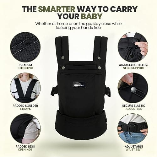 Ergonomic Baby Carrier for Newborn to Toddler - 100% Cotton, Breathable Fabric, Adjustable Baby Holder Carrier with Front & Back Carry Options - Soft Structured Baby Carrier for Moms & Dads - Black thumbnail 3