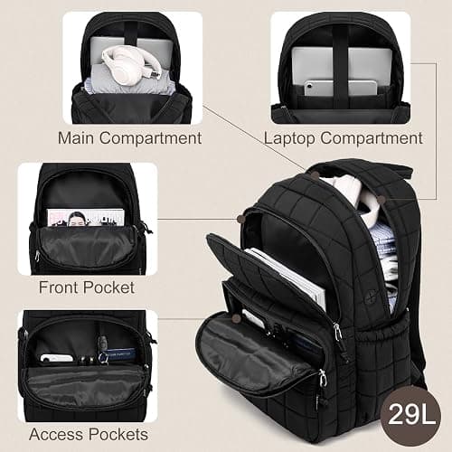 kadilong Laptop Backpack for Women College Travel,Quilted Daypack Bookbag for School Teen Girls Mochilas Mujer,Black thumbnail 2