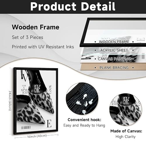 Black Leopard Wall Art Y2k Cheetah Canvas Wall Decor Fashion Trendy Posters Vintage Aesthetic Pictures Luxury Heels Painting Stockholm Prints for Bedroom Living Room 16x24 Inch Framed Set of 3 thumbnail 2