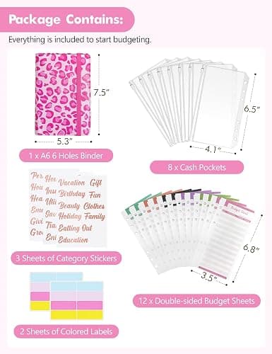 A6 Budget Binder for Money Saving, PU Leather Budget Planner with 8 Cash Envelopes, Budget Sheets & Rose Gold Category Stickers, Money Organizer for Cash (Pink Leopard) thumbnail 2