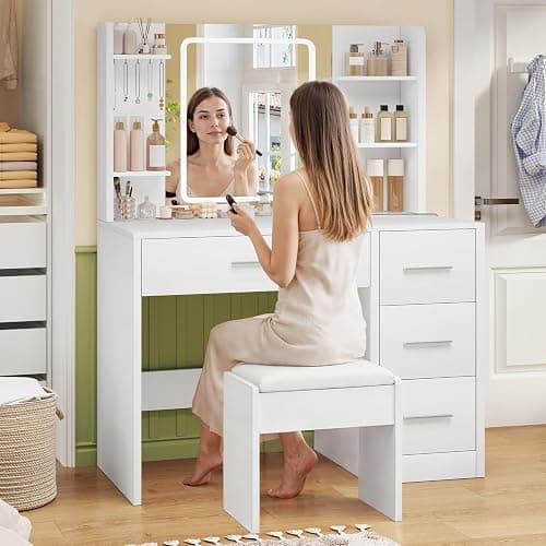 FIONESO Vanity Desk with Mirror and Lights, Makeup Vanity with Power Outlet and 4 Drawers & 6 Shelves & 5 Hooks, 3 Color Modes & Adjustable Brightness, White Vanity for Bedroom thumbnail 4