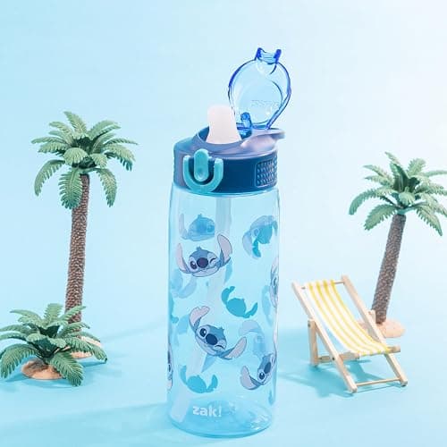 Zak Designs Disney Sage Water Bottle For School or Travel, 25oz Durable Plastic Water Bottle With Straw, Handle, and Leak-Proof, Pop-Up Spout Cover (Stitch) thumbnail 4