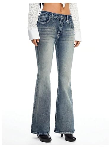 WDIRARA Women's Low Rise Flare Jeans Embroidery Rhinestone Bell Bottom Denim Pants thumbnail 4