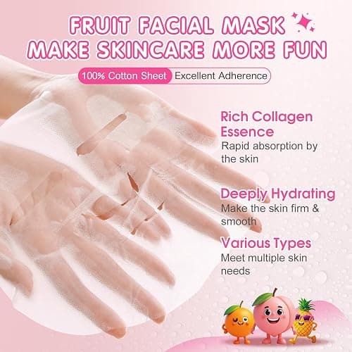 14 Pack Fruit Face Masks Skincare for Kids, Sheet Hydrating Facial Mask | Suitable All Skin Types, Bulk Collagen Face Mask for Women Skin Care, Birthday Party Spa Gifts for Teens Girls thumbnail 2