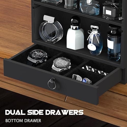 Wooden Cologne Organizer for Men Sliding 4 Tiers of Standing Perfume Display Stand with Side & Under Double Drawers Larger Storage Black Perfume Organizer Display Shelf Holder,Gift for Man thumbnail 5