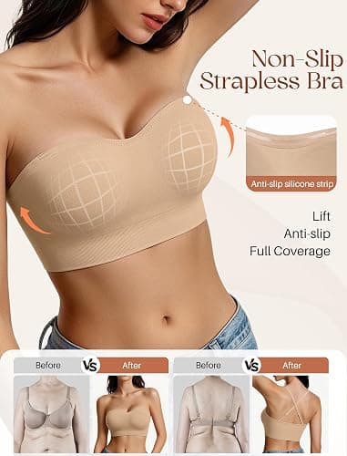 Strapless Bra for Women Non-Slip Bandeau Bra Push Up Invisible Seamless Wireless Bralettes No Underwire Padded Tube Top Bras thumbnail 2