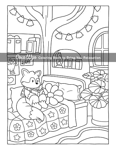 Cozy Spaces: Coloring Book for Adults and Teens Featuring Relaxing Familiar Corners with Cute Animal Characters for Stress Relief thumbnail 8