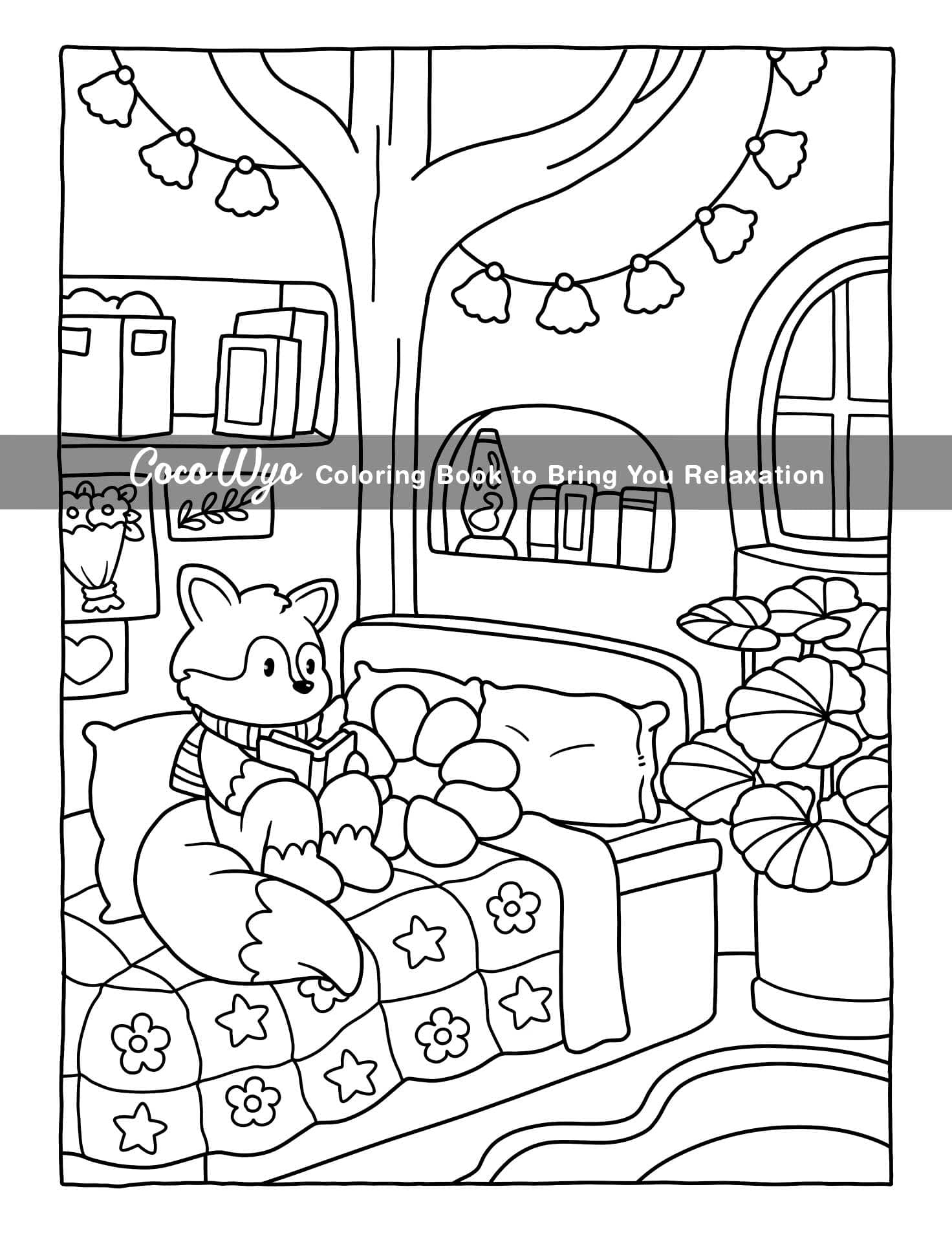 Cozy Spaces: Coloring Book for Adults and Teens Featuring Relaxing Familiar Corners with Cute Animal Characters for Stress Relief thumbnail 8
