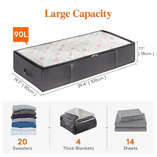 Lifewit 95L 4 Pack Under Bed Storage Containers, Large Capacity Blanket Storage Bags with Reinforced Handle, Organization and Storage for Comforters, Sheets, Clothes, Bedroom, College Dorm, Grey thumbnail 3