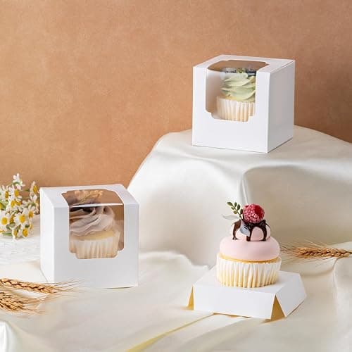 Hoewina 28 PCS Cupcake Boxes, Individual Cupcake Containers with Window | Cupcake Holders Carrier with Inserts, Stackable Deep Cake Box for Birthday Holiday Party Bakery Supplies (White) thumbnail 2