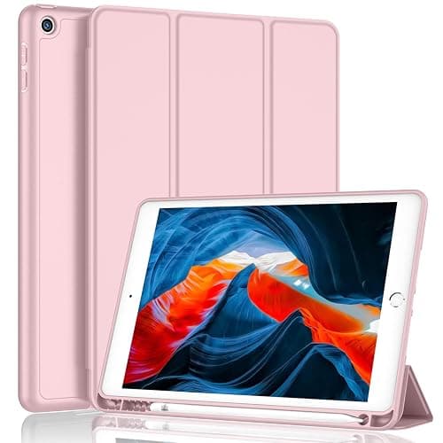 iMieet iPad 9th Generation Case 2021/iPad 8th Generation Case 2020 10.2 Inch with Pencil Holder, iPad 7th Gen 2019 Case with Soft Baby Skin Silicone Back, Auto Wake/Sleep Cover (Pink) - Image 1