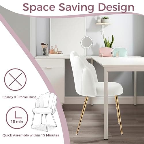 Vanity Chair with Back, Small Accent Chair for Living Room& Bedroom, with X-Frame Gold Legs, Modern Design& Easy Assemble, White thumbnail 6