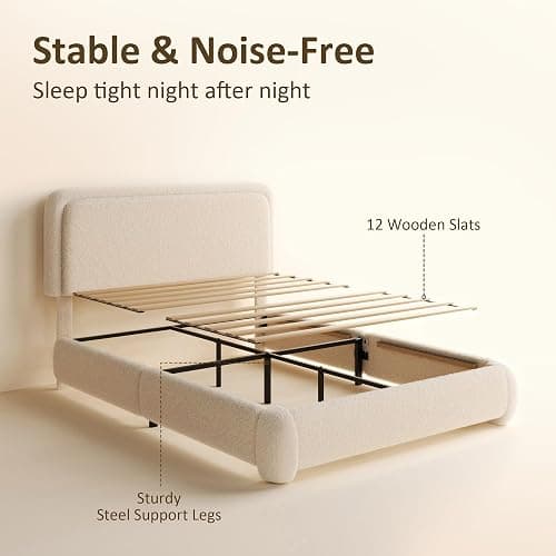 Konprosp Full Bed Frame, Teddy Velvet Boucle Bed Frame with 43.3"/45.3" Adjustable Upholstered Headboard, Rounded Corners, Mattress Foundation, No Box Spring Required, Beige thumbnail 5