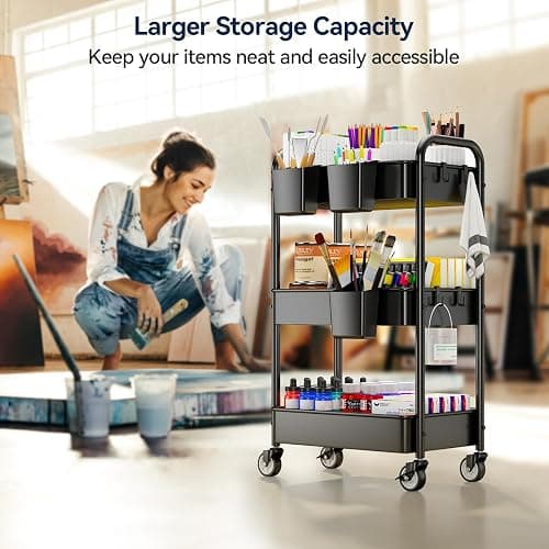 YASONIC 3 Tier Rolling Cart - Metal Utility Cart with Wheels, Hanging Cups, Hooks, Heavy Duty Mesh Rolling Storage Cart Organizer, Craft Cart for Kitchen Office, Lightweight and Sturdy - Black thumbnail 4