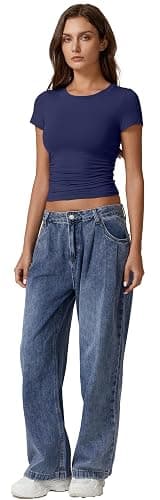 QINSEN Short Sleeve Shirts for Women Round Neck Basic Double Lined Tees Fitted Y2k Crop Tops thumbnail 6
