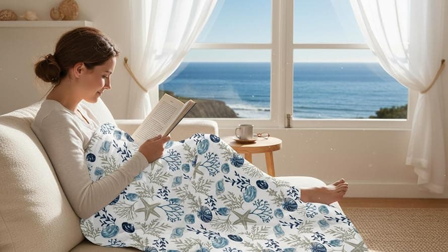 Coastal Ocean Beach Throw Blanket: Soft Plush Velvet Fleece Seashells Hues of Blue Grey on White Accent for Couch or Bed, Colored: Blue Gray Taupe White, 50" x 70" thumbnail 6