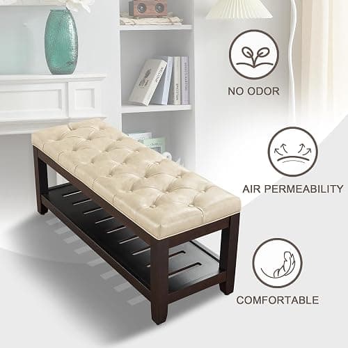 adochr PU Leather Large Rectangular Ottoman with Storage,Upholstered Entryway Bench for Living Room, Oversized Button Tufted Ottoman with Wood Shelf Storage, Ivory thumbnail 8